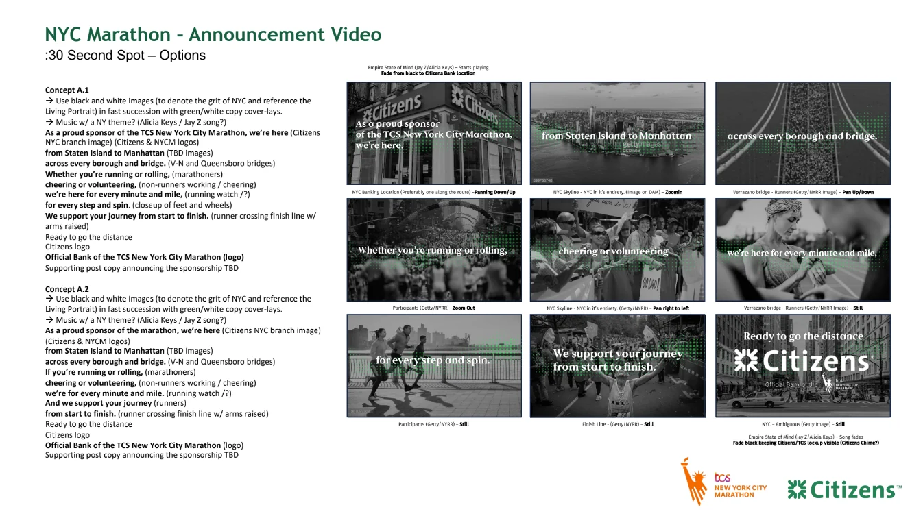 Storyboard board for the Citizens NYC Marathon announcement spot, with two written concept treatments at left and a nine-frame grid at right showing black and white footage of a bank branch, the skyline, the Verrazzano bridge, crowds, wheelchair athletes and the finish line, each overlaid with green copy and a dot pattern, ending on the Citizens lockup.