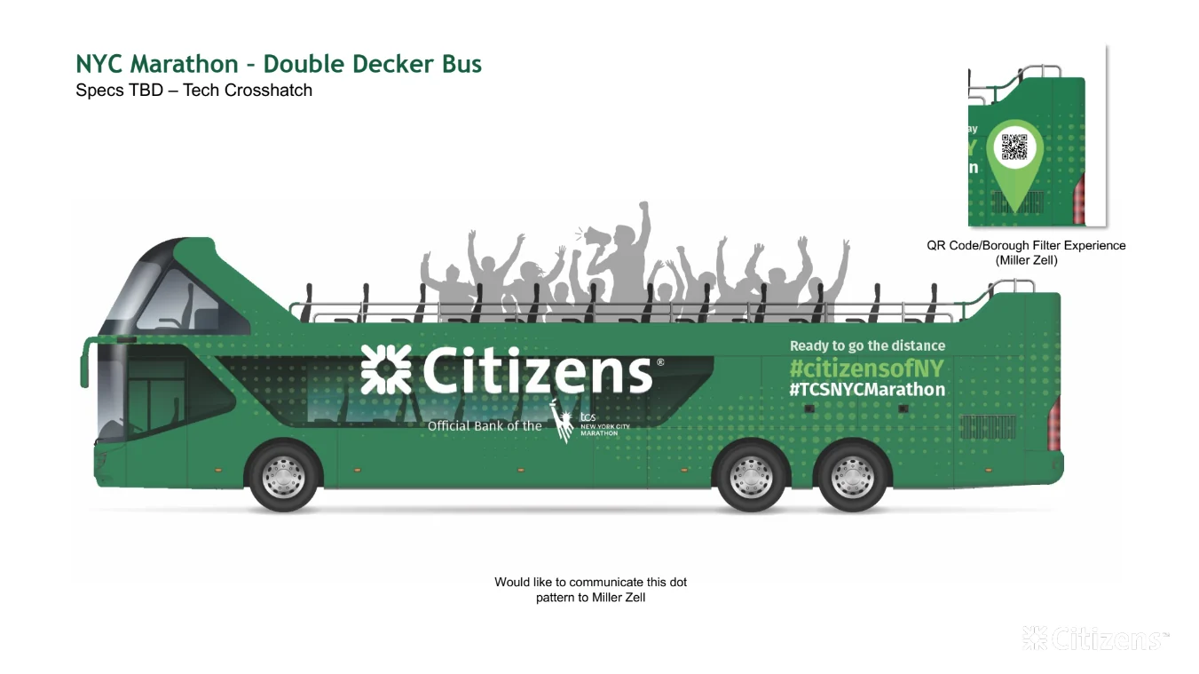 Citizens double decker bus wrap design in green with the marathon sponsorship lockup.
