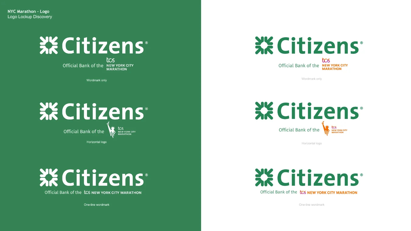 Logo lockup discovery board split down the middle, green on the left with white lockups and white on the right with green lockups, each showing three variants: wordmark only, horizontal logo with the Statue of Liberty runner mark, and a one-line wordmark version.