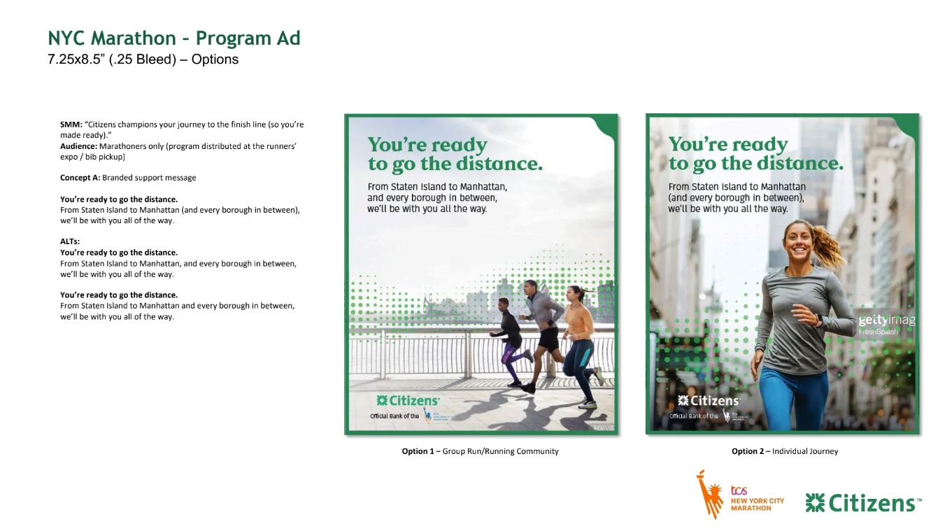 Race program advertising board showing copy notes at left and two green-bordered layout options at right, both headed You're ready to go the distance — one showing three runners together on a waterfront path, the other a single smiling runner on a city street, each with a green dot pattern rising from the lower edge.