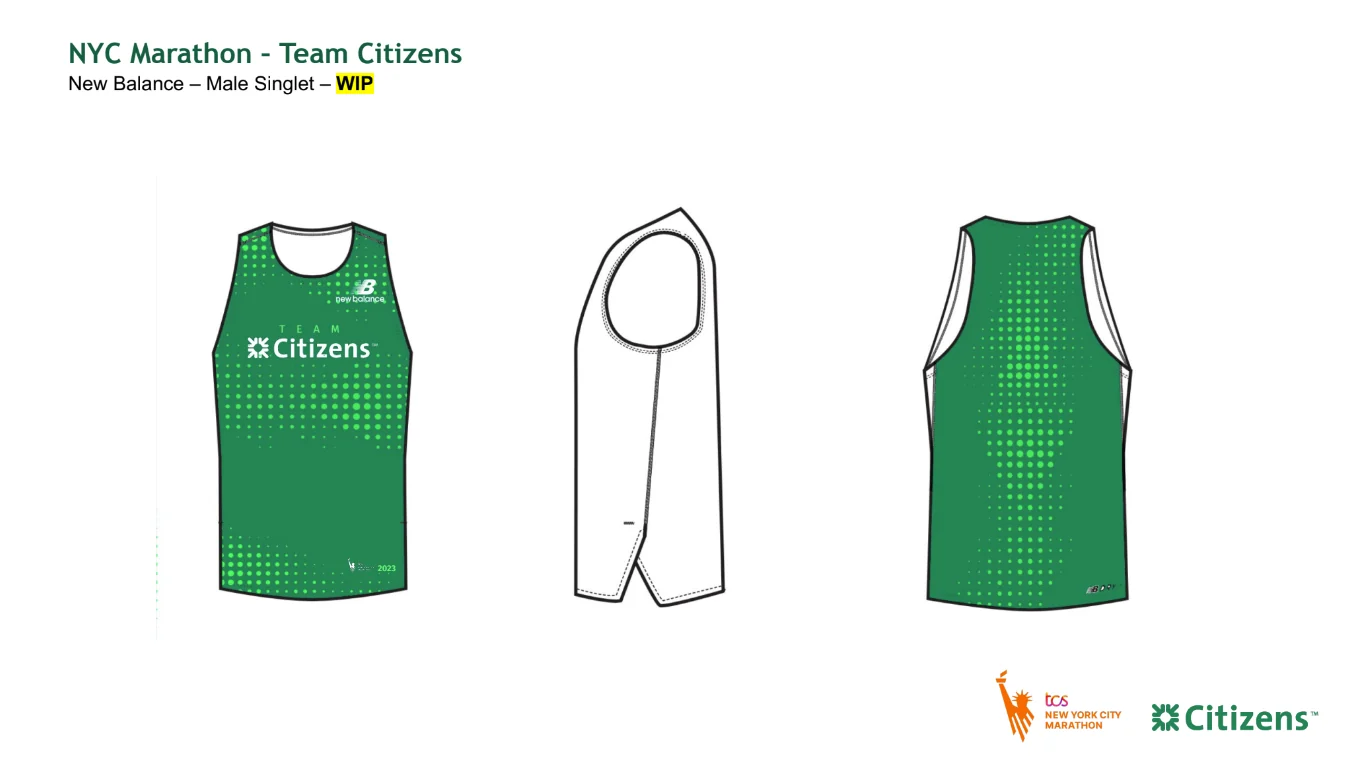 Technical flat drawings of the Team Citizens New Balance running singlet in front, side and back views: green with a halftone dot pattern, TEAM Citizens across the chest, New Balance mark at the shoulder and the marathon logo with 2023 at the hem.