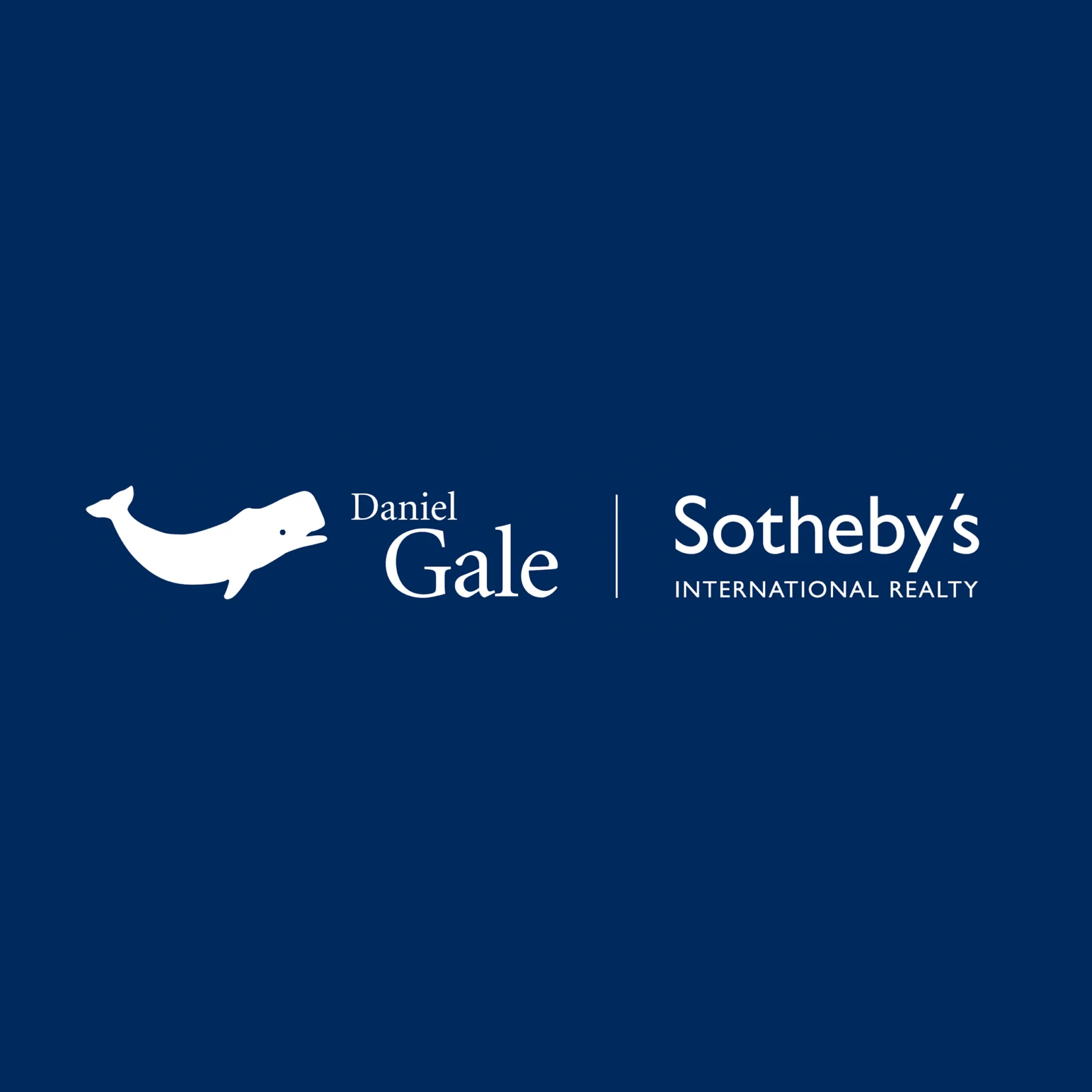 Daniel Gale Sotheby's International Realty logo lockup in white on a deep navy field, with the sperm whale mark at left.