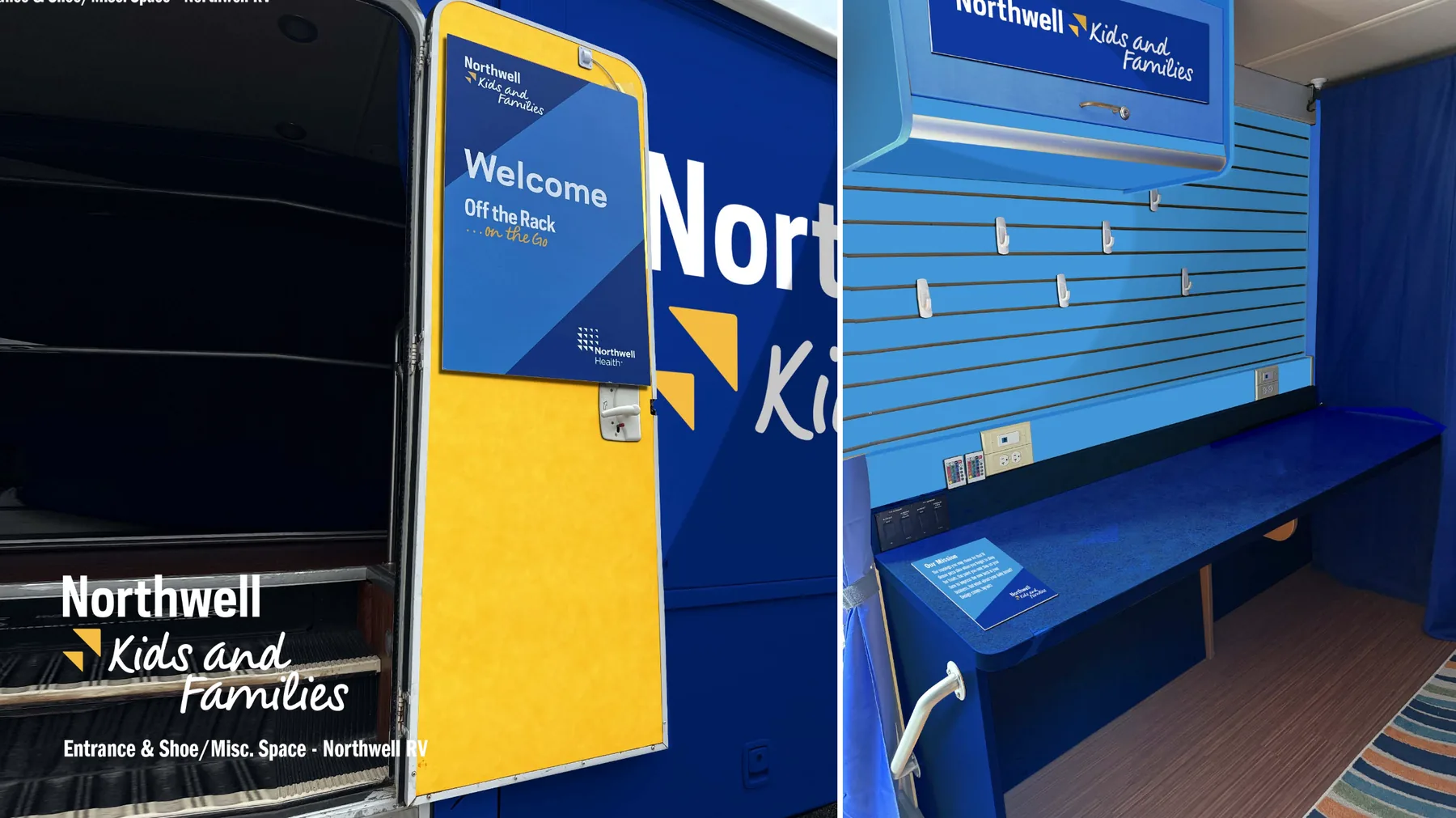 Two views of the RV entrance: at left the open door with a yellow panel and a blue Welcome sign reading Off the Rack on the Go; at right the interior slat wall in light blue with hooks, a blue bench seat, an overhead Kids and Families header panel and a mission card.