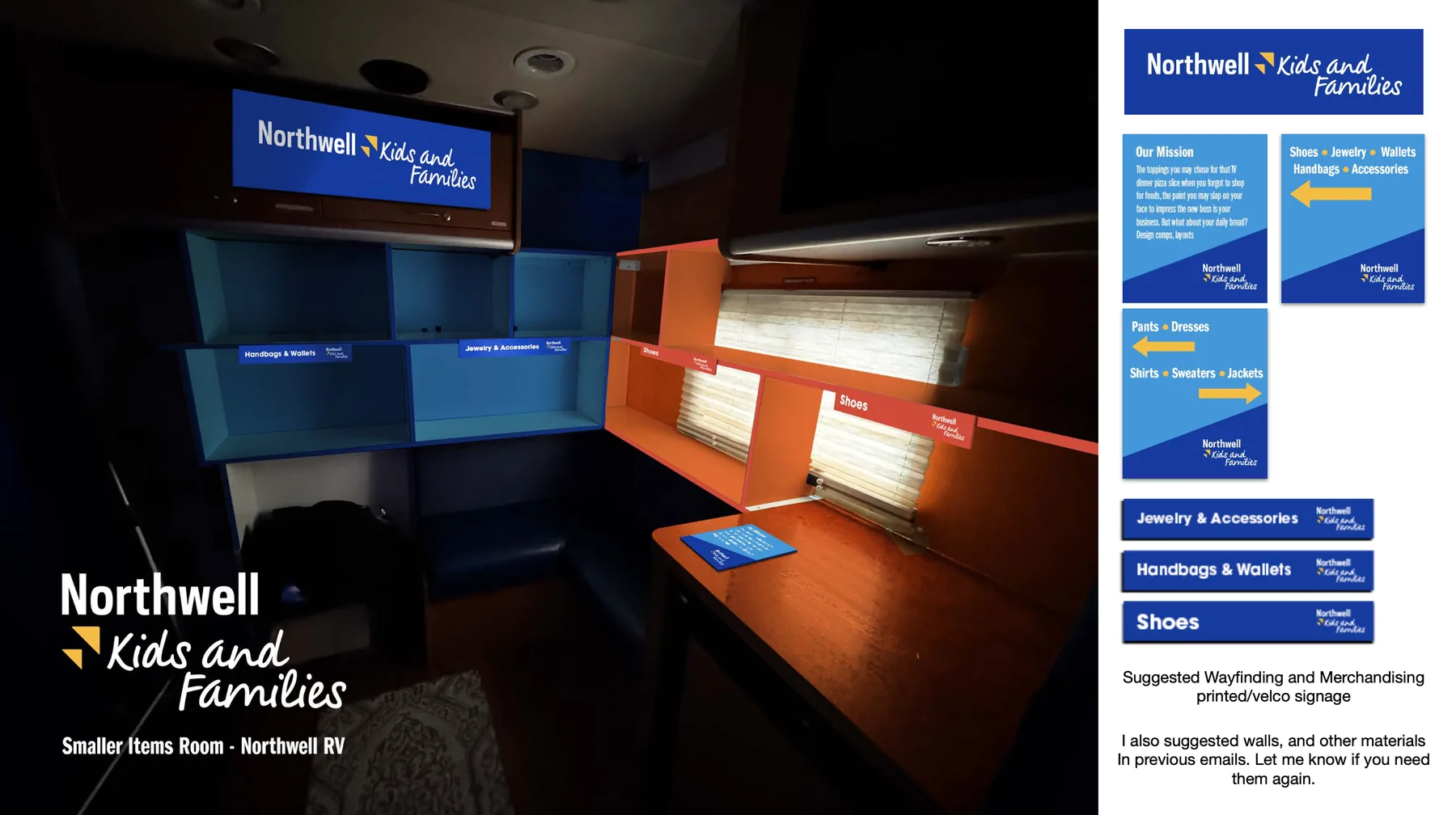 The smaller items room with cabinetry colour-blocked in two blues and orange, each shelf labelled Handbags and Wallets, Jewelry and Accessories, and Shoes, shown alongside the full set of printed signage panels including a mission card and arrow-marked directional panels.
