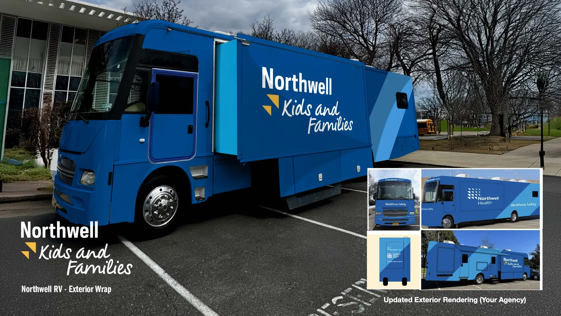 Exterior wrap rendering, driver side: the RV in two tones of blue with the Northwell Kids and Families logo across the main panel, shown with a set of smaller comparison views inset at lower right.