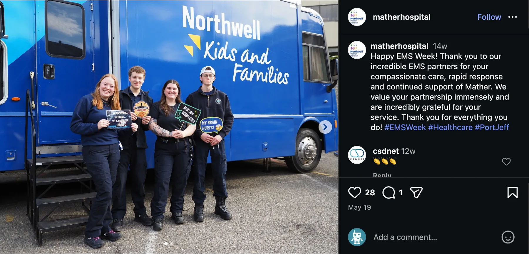 Instagram post from Mather Hospital for EMS Week, with four staff members standing in front of the wrapped RV holding printed props.