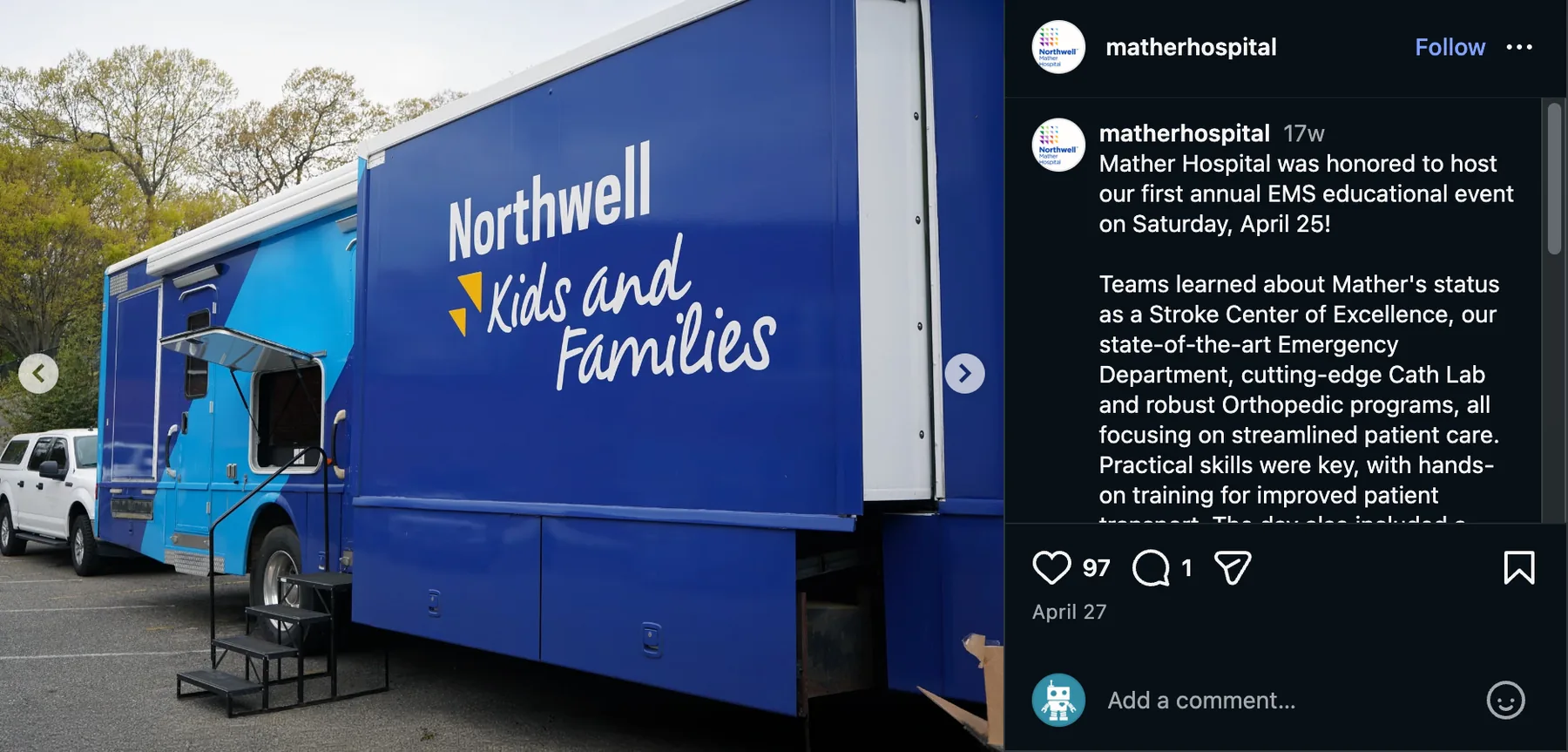 Instagram post from Mather Hospital showing the wrapped RV parked with its awning out and steps down, alongside a caption about hosting the hospital's first annual EMS educational event.
