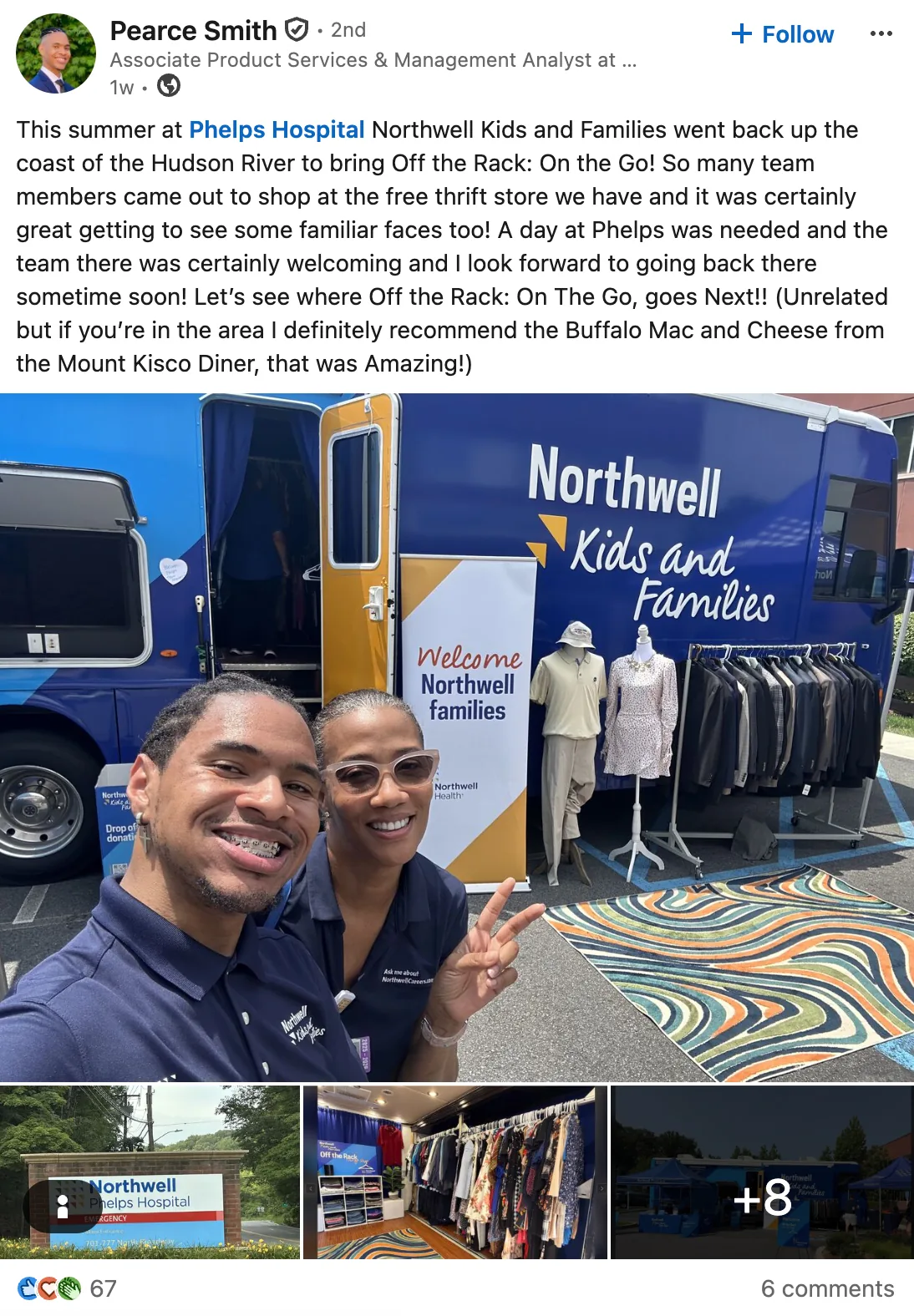 LinkedIn post about Off the Rack On the Go visiting Phelps Hospital, with a photo of two Northwell team members in front of the RV with clothing rails, mannequins and a Welcome banner set up beside it, plus thumbnails of the hospital sign and the stocked interior.