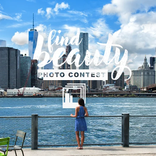 Photo contest asset showing a woman at a Brooklyn waterfront railing with the Manhattan skyline behind her.