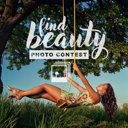 Photo contest asset showing a woman on a rope swing under a tree at golden hour with the find beauty photo contest lockup.