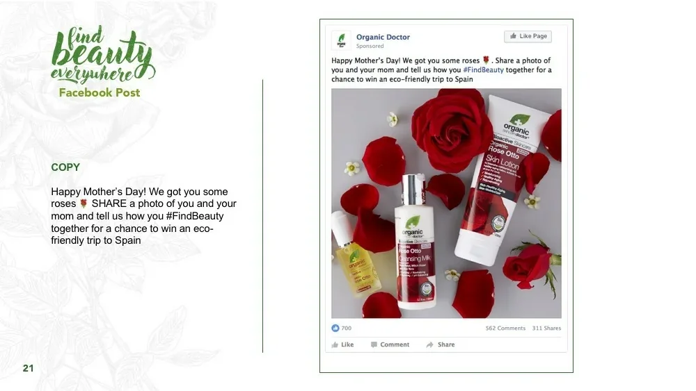 Presentation slide showing a Facebook post for Mother's Day featuring Rose Otto products among red roses and petals, with a share-to-win caption and an eco-friendly trip to Spain as the prize.