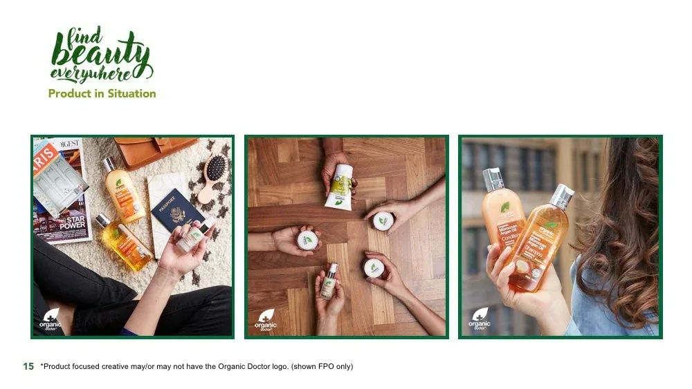 Presentation slide titled Product in Situation showing three lifestyle shots: products among travel items on a rug, hands holding products over parquet, and a woman holding shampoo and conditioner.