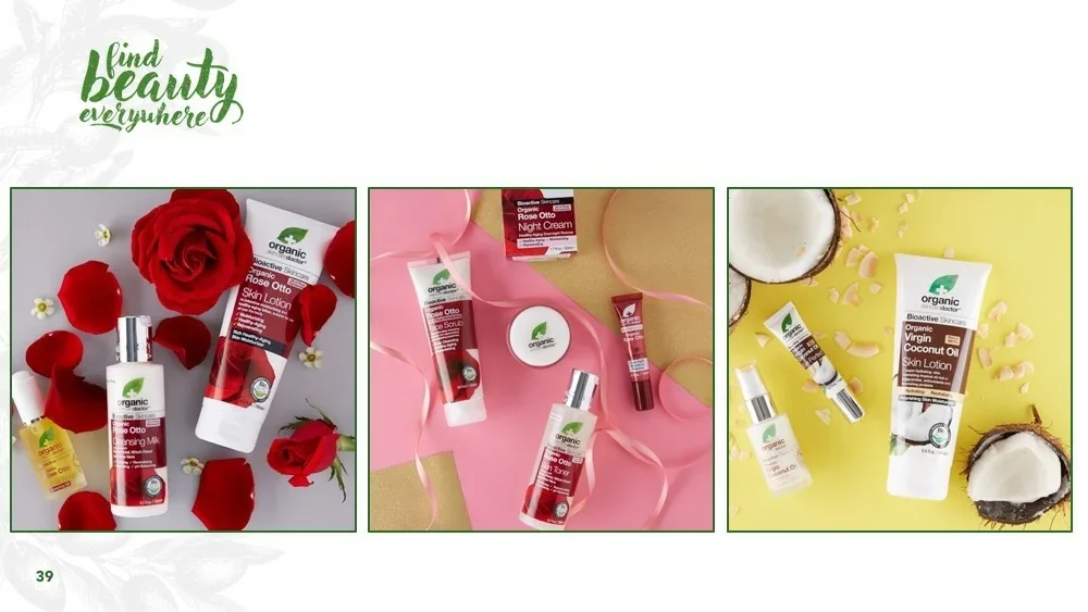 Presentation slide showing three product groupings: Rose Otto with red roses on grey, Rose Otto on pink and gold with ribbon, and Virgin Coconut Oil with cracked coconut on yellow.