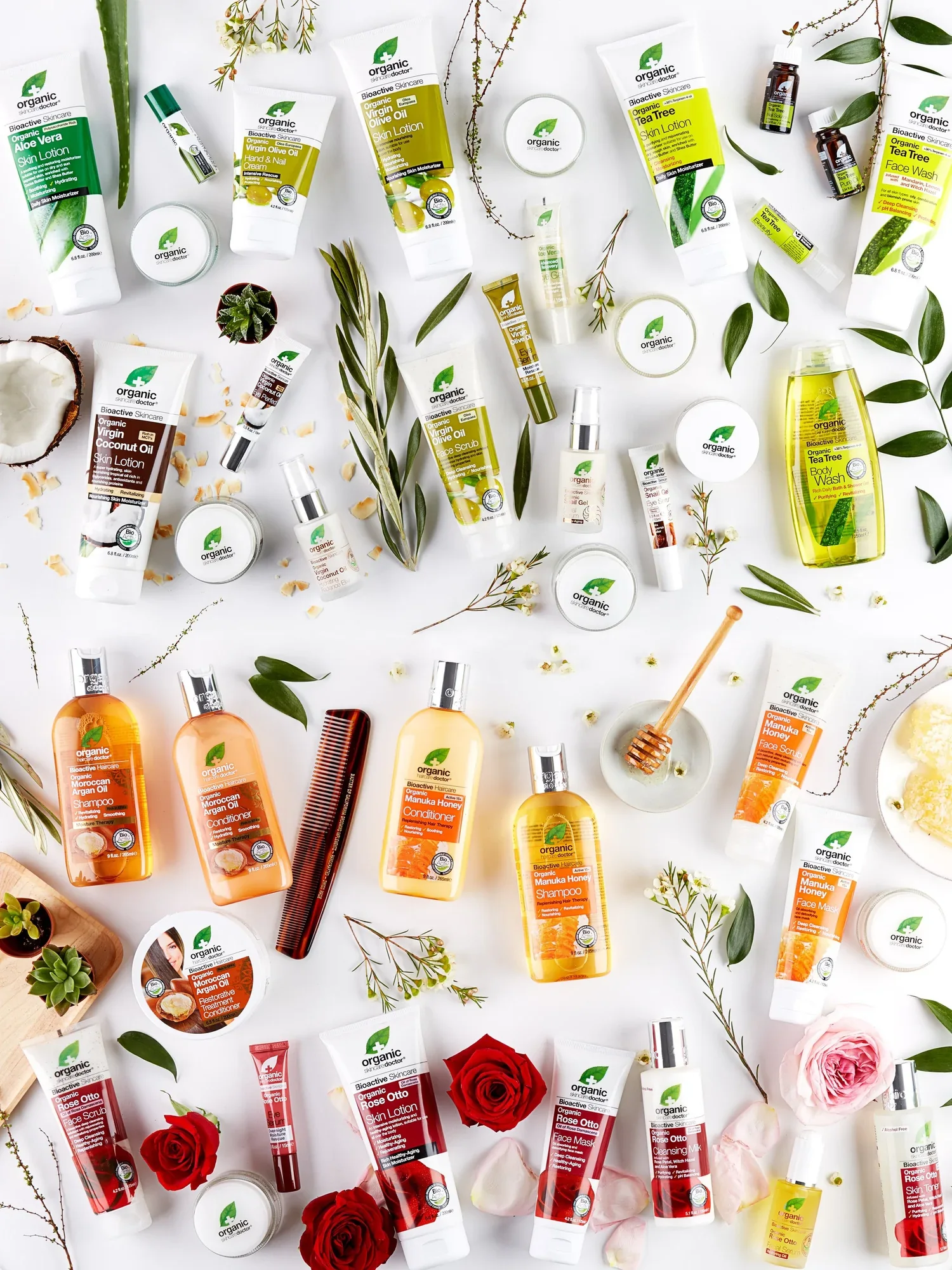 The full Organic Doctor range shot overhead by ingredient family.