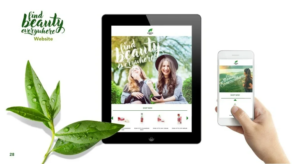 Presentation slide showing the Organic Doctor website on a tablet and phone, with the find beauty everywhere hero over two women outdoors and a product carousel beneath.