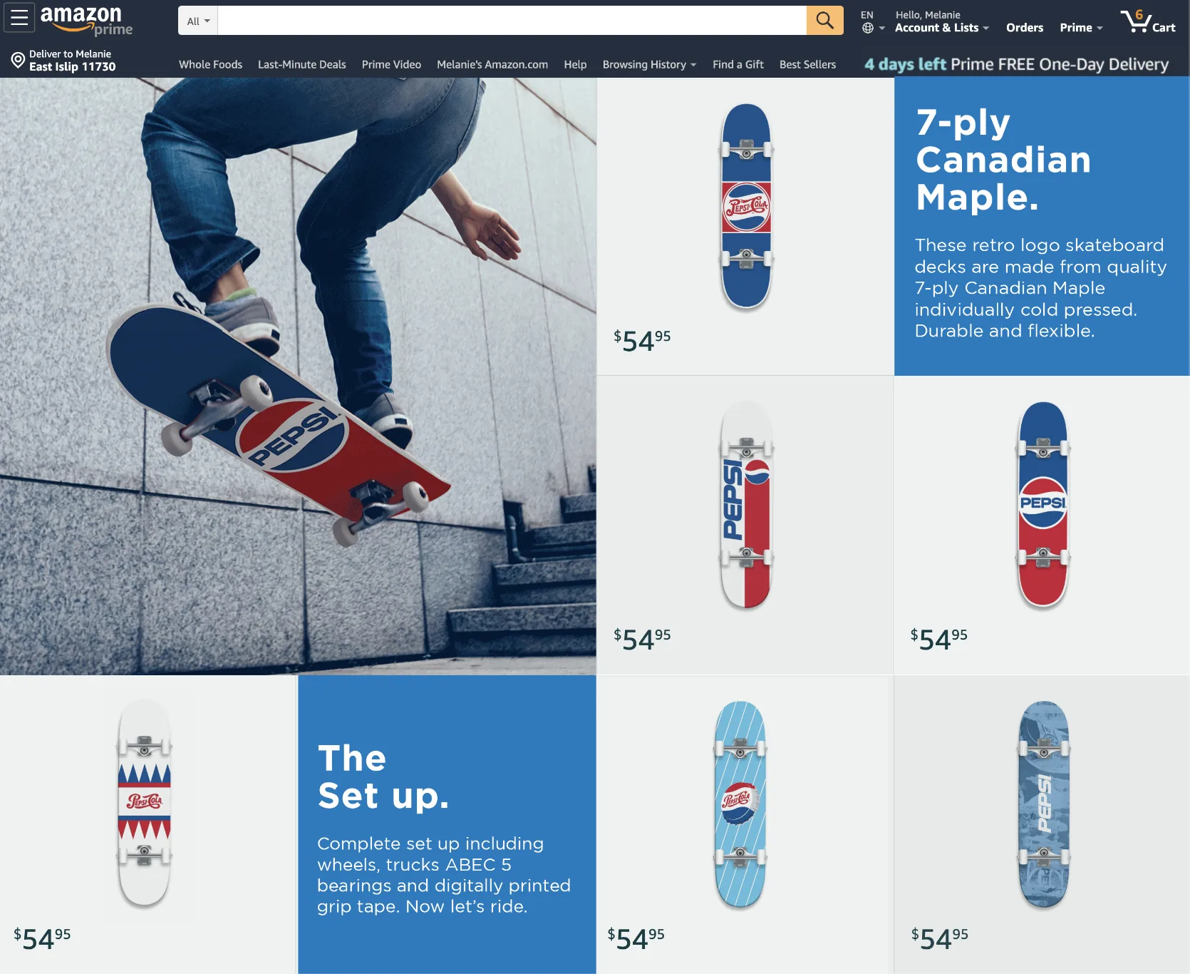 Pepsi Amazon brand store page: lifestyle hero of a skater beside a modular grid of retro-logo skateboard decks at $54.95 with blue copy tiles.