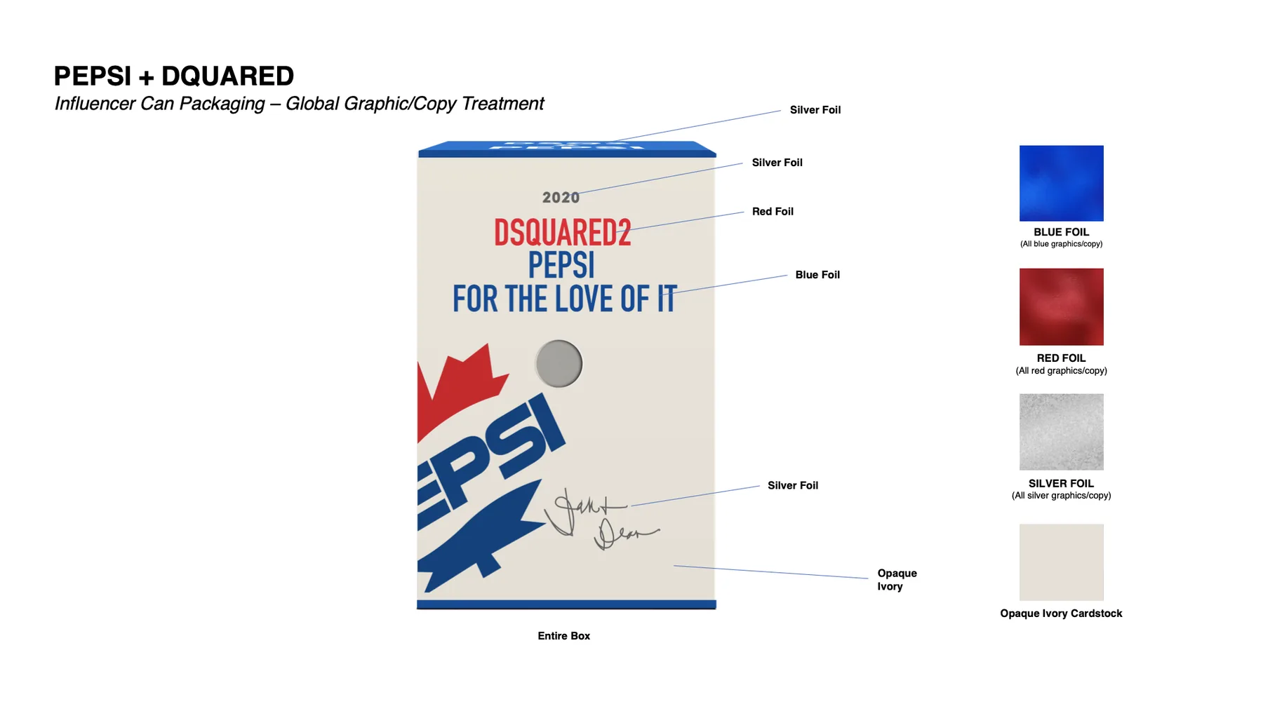 Global graphic and copy treatment sheet with leader lines calling out red foil, blue foil, silver foil and opaque ivory cardstock.