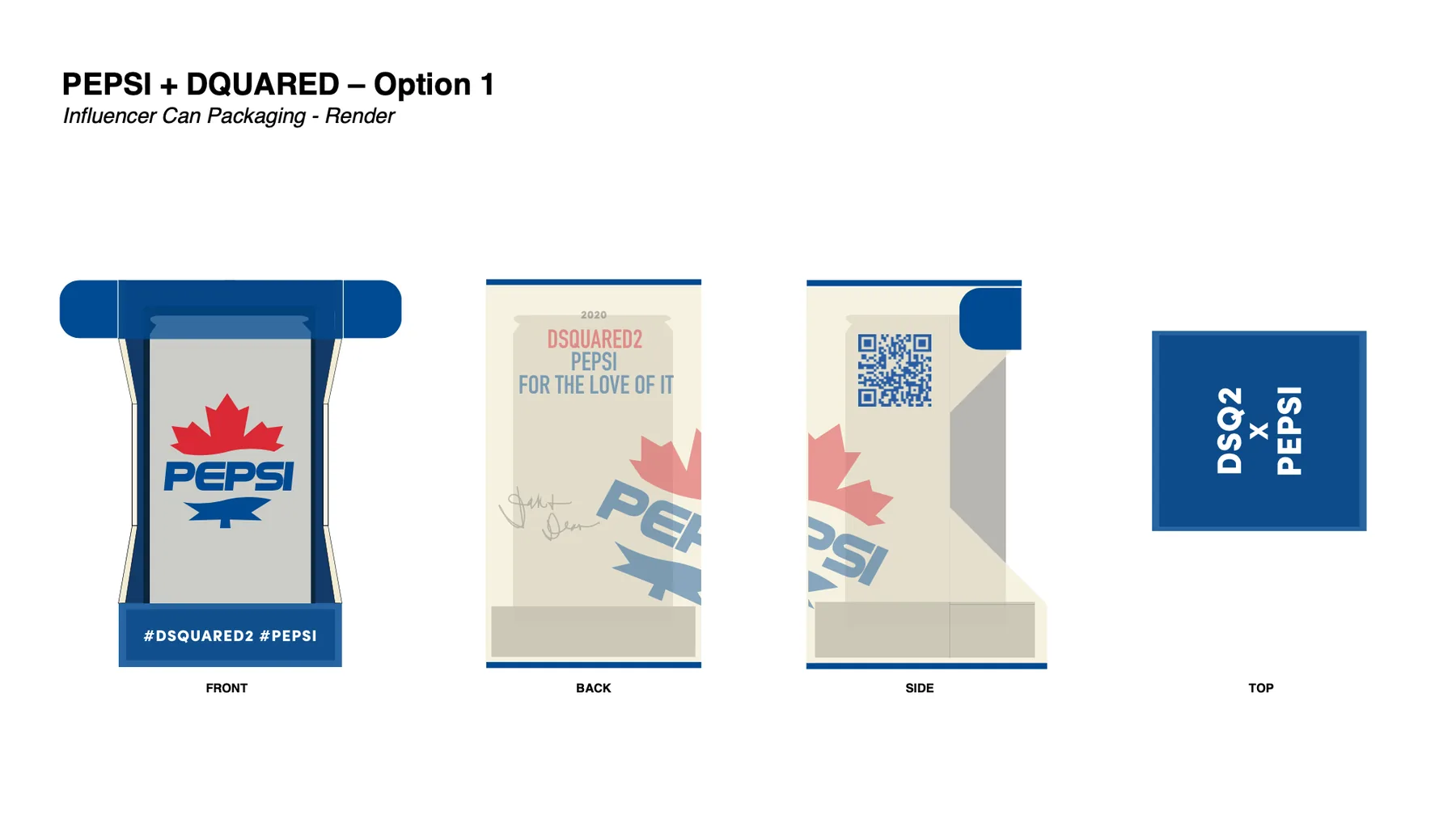 Option 1 render: front, back, side and top views of a plinth-style carton.