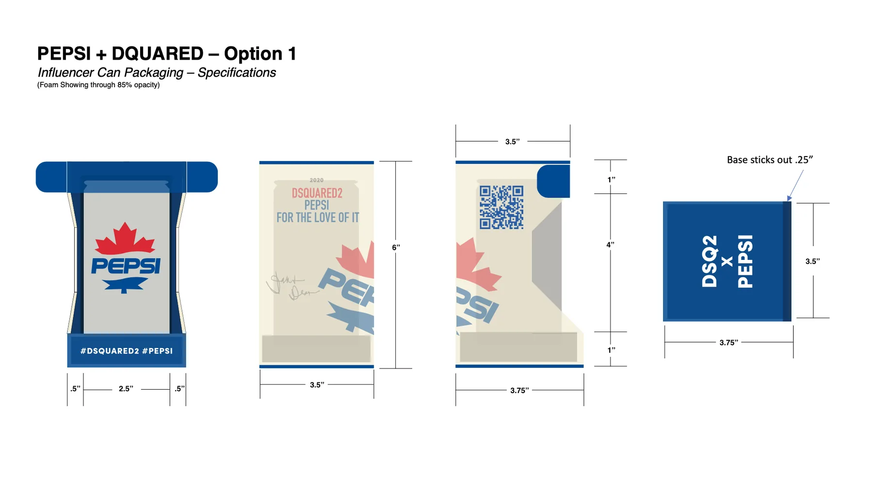 Option 1 specification drawing with dimensions: 6 inches tall, 3.5 inches wide, 3.75 inches deep, base sticks out 0.25 inch.