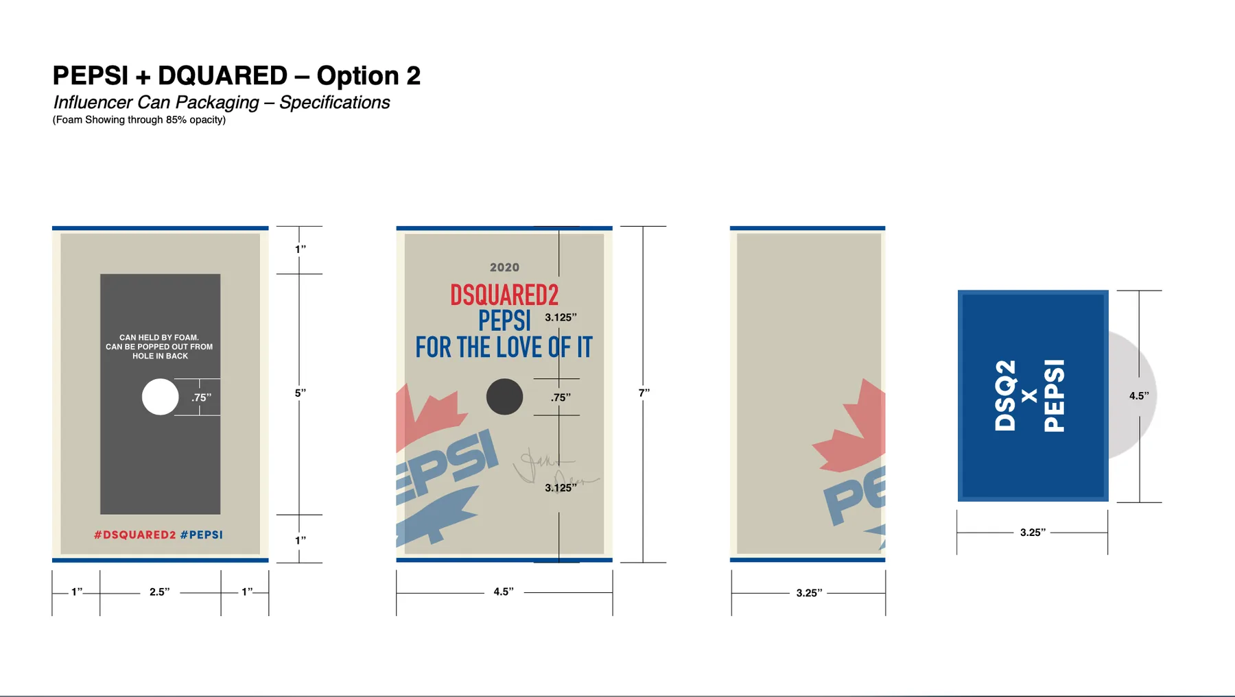 Option 2 specification drawing: 7 by 4.5 by 3.25 inches with a 0.75 inch push-out hole centred on the back panel.