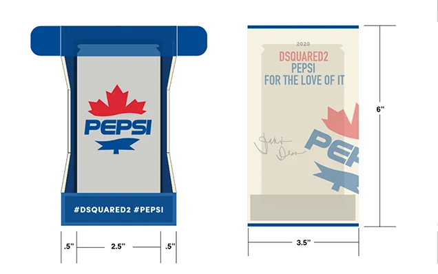 Pepsi × DSquared2 structural packaging drawings — a front elevation with the Pepsi globe and hashtag band, and a flat with dimension callouts.