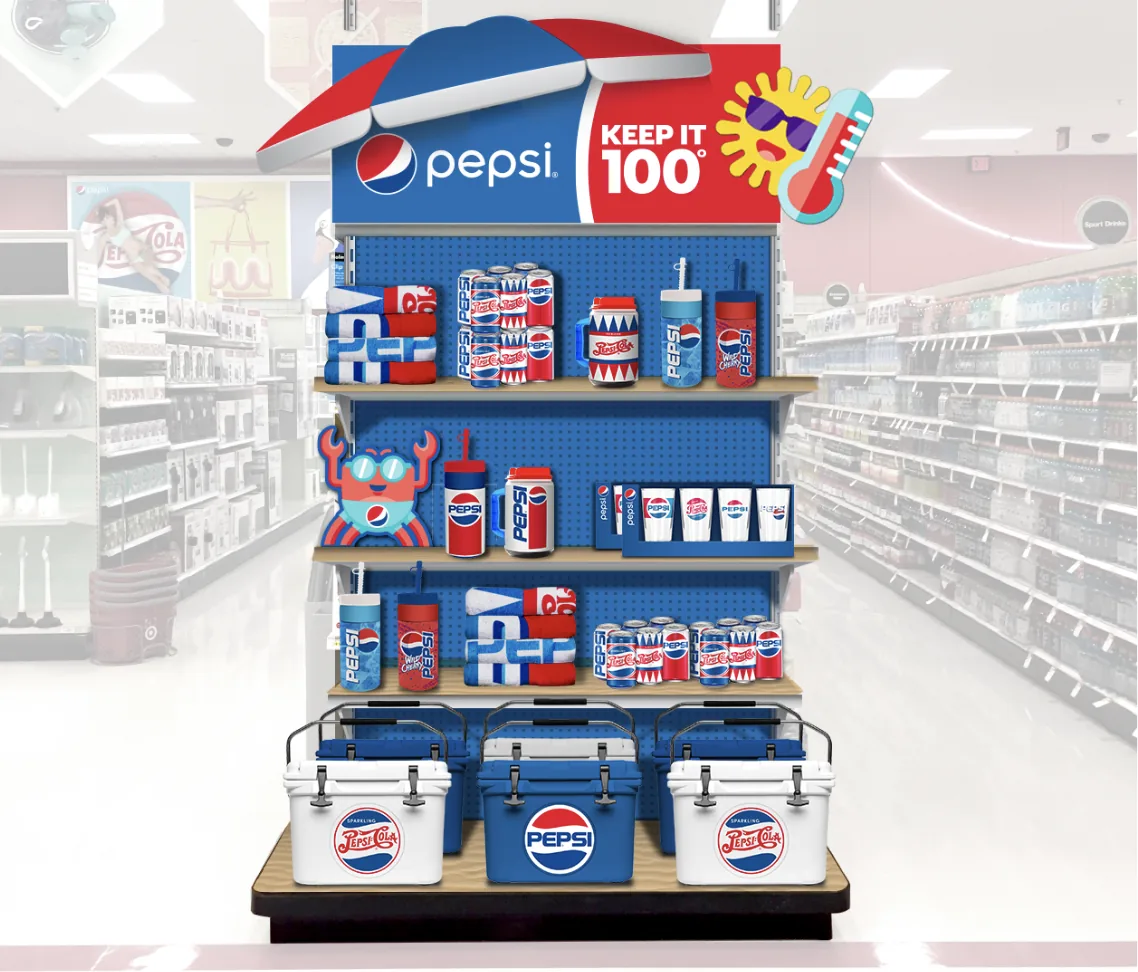 Retail endcap in-store: Pepsi Keep It 100 degrees header with an umbrella topper over three shelves of summer merchandise and a base of branded coolers.