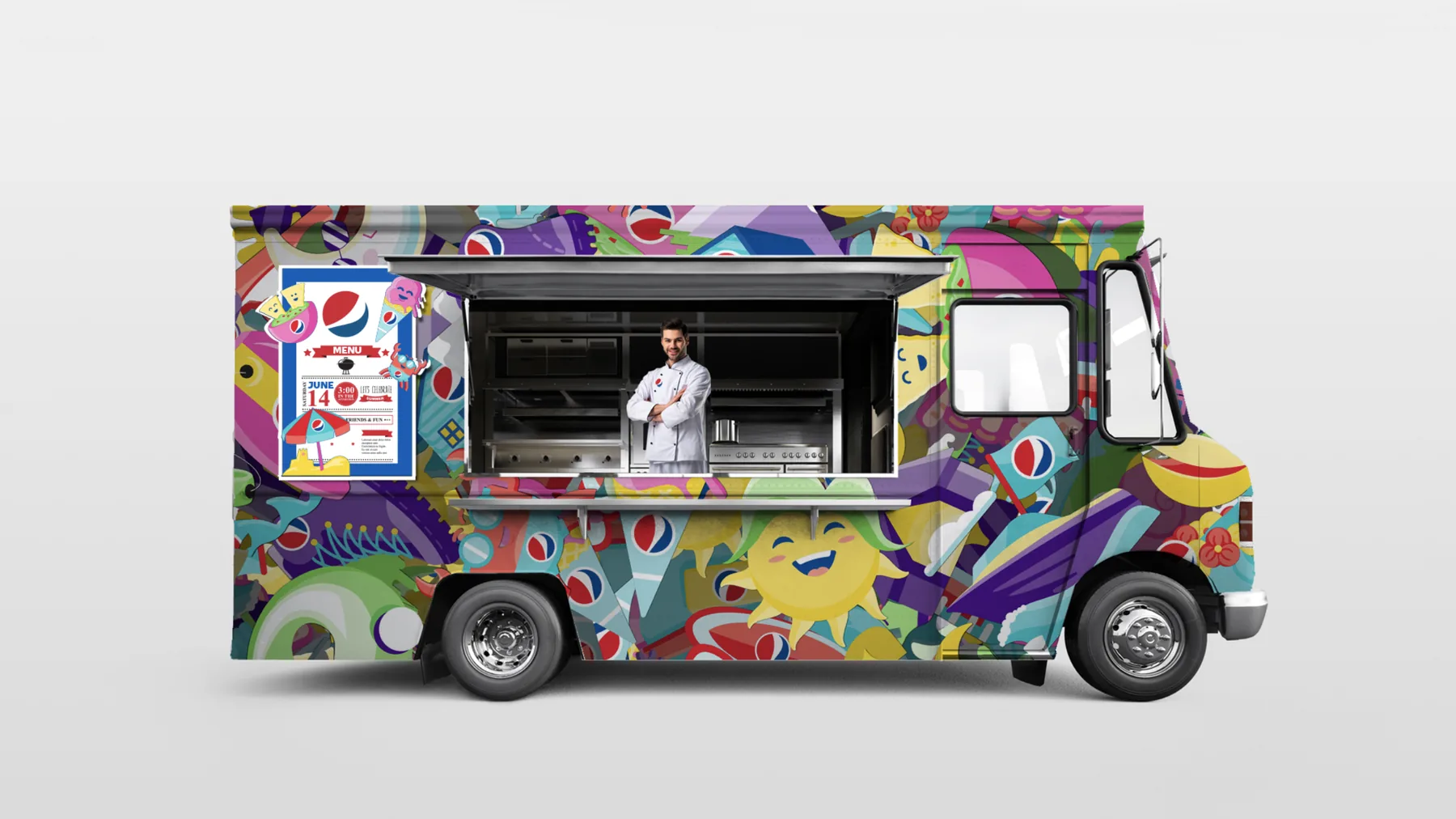 Food truck with a full-body wrap of dense flat summer illustrations and a menu board on the rear panel.