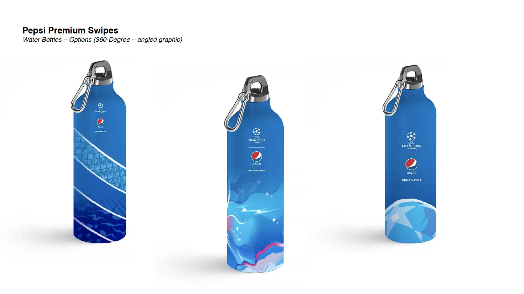 Three aluminium water bottles with carabiner lids showing angled 360-degree graphics.