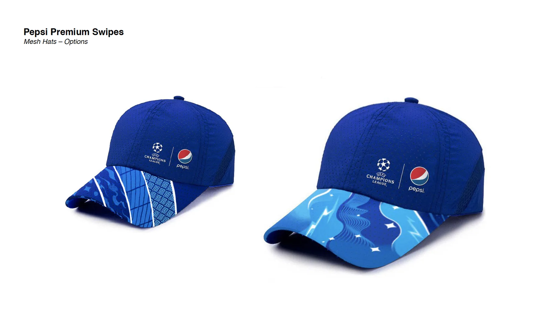 Two perforated mesh caps with patterned brims and co-branded crown badges.