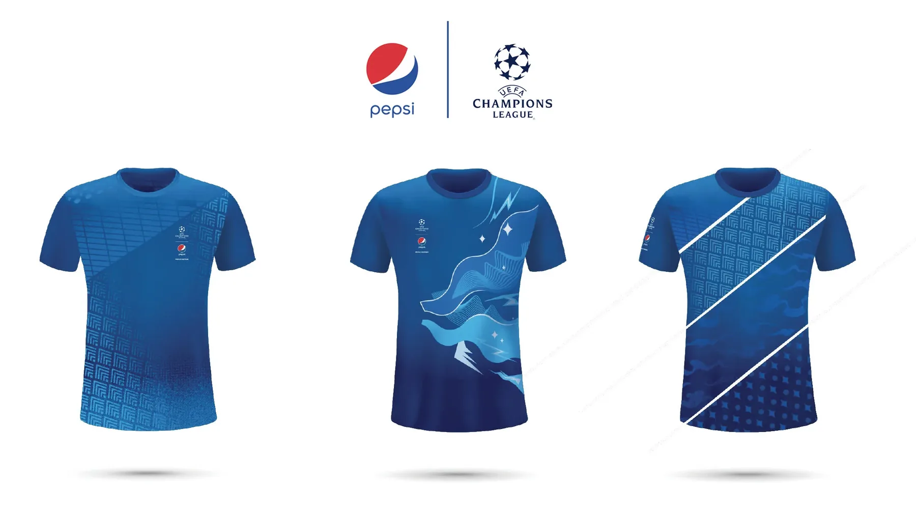Three Pepsi × UEFA Champions League jerseys showing different pattern routes: tonal grid, painterly ribbon illustration, and diagonal swipe bands.