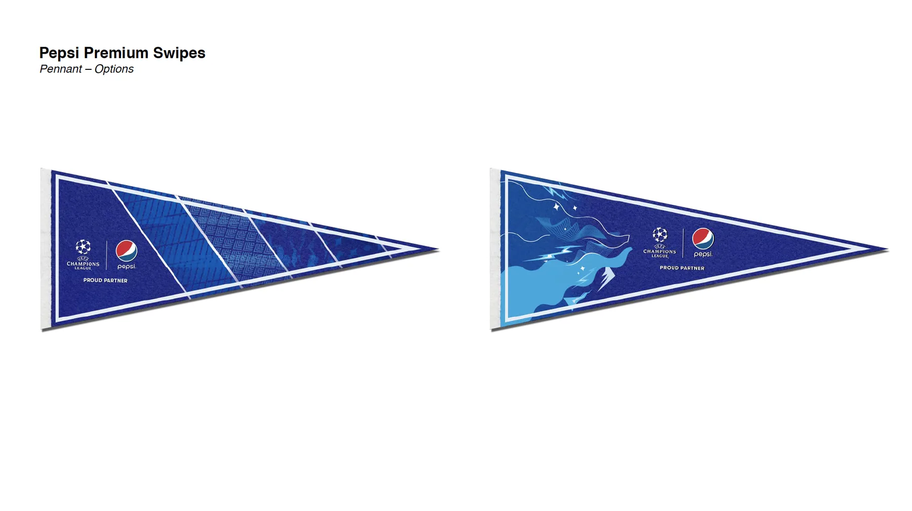 Two felt pennant options, one in the swipe pattern system and one in the painterly ribbon style.