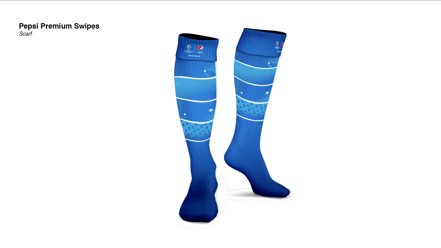 Blue match socks with white banding and tonal pattern fields, co-branded cuff.