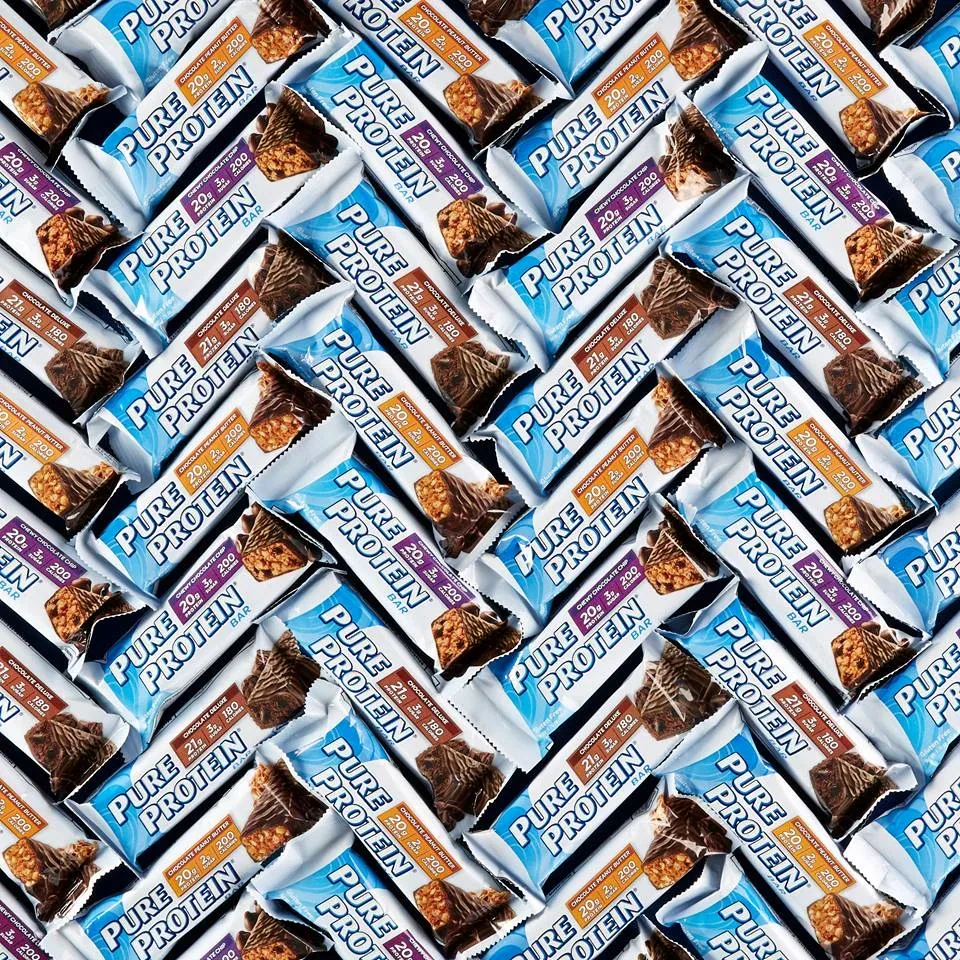 Pure Protein bars tiled in a herringbone pattern.