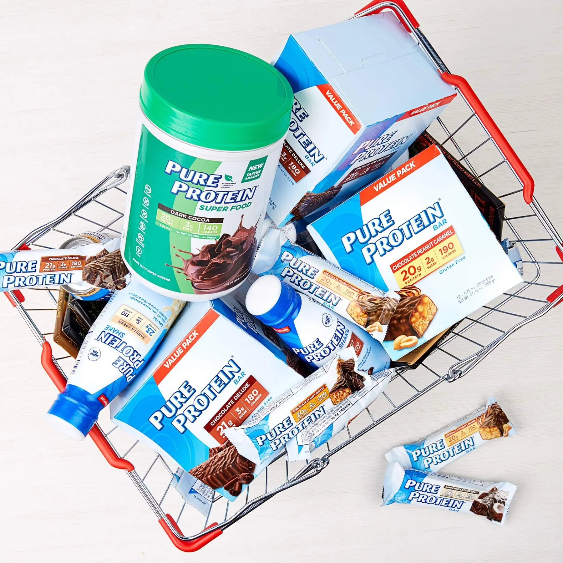 Overhead view of a wire shopping basket filled with Pure Protein bars, value packs, shakes and Super Food tubs.