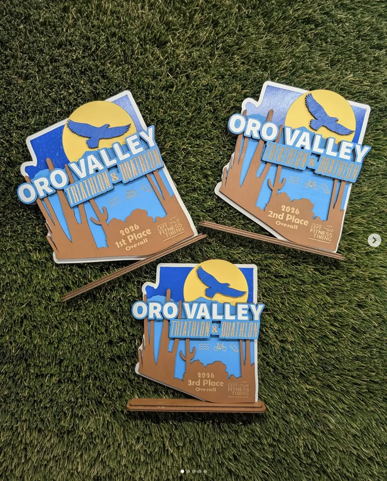 Three Oro Valley Triathlon and Duathlon awards on turf, each an Arizona-shaped layered plaque in blue, brown and yellow with a soaring hawk over a sun, saguaro cacti and swim-bike-run icons, engraved 1st, 2nd and 3rd Place Overall and mounted on wooden stands.