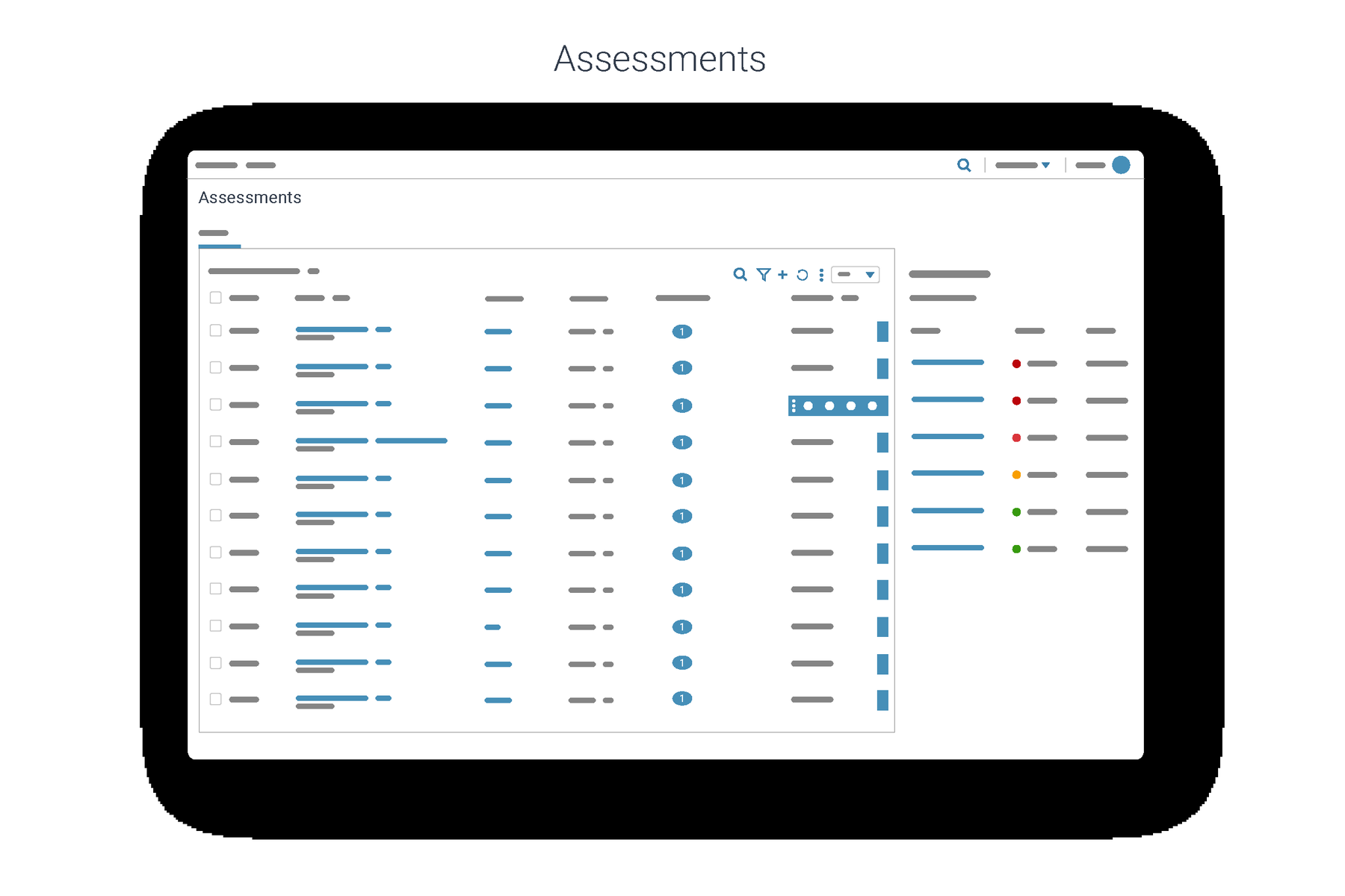 Illustrated assessments table with a highlighted action row and a linked severity summary panel on the right.