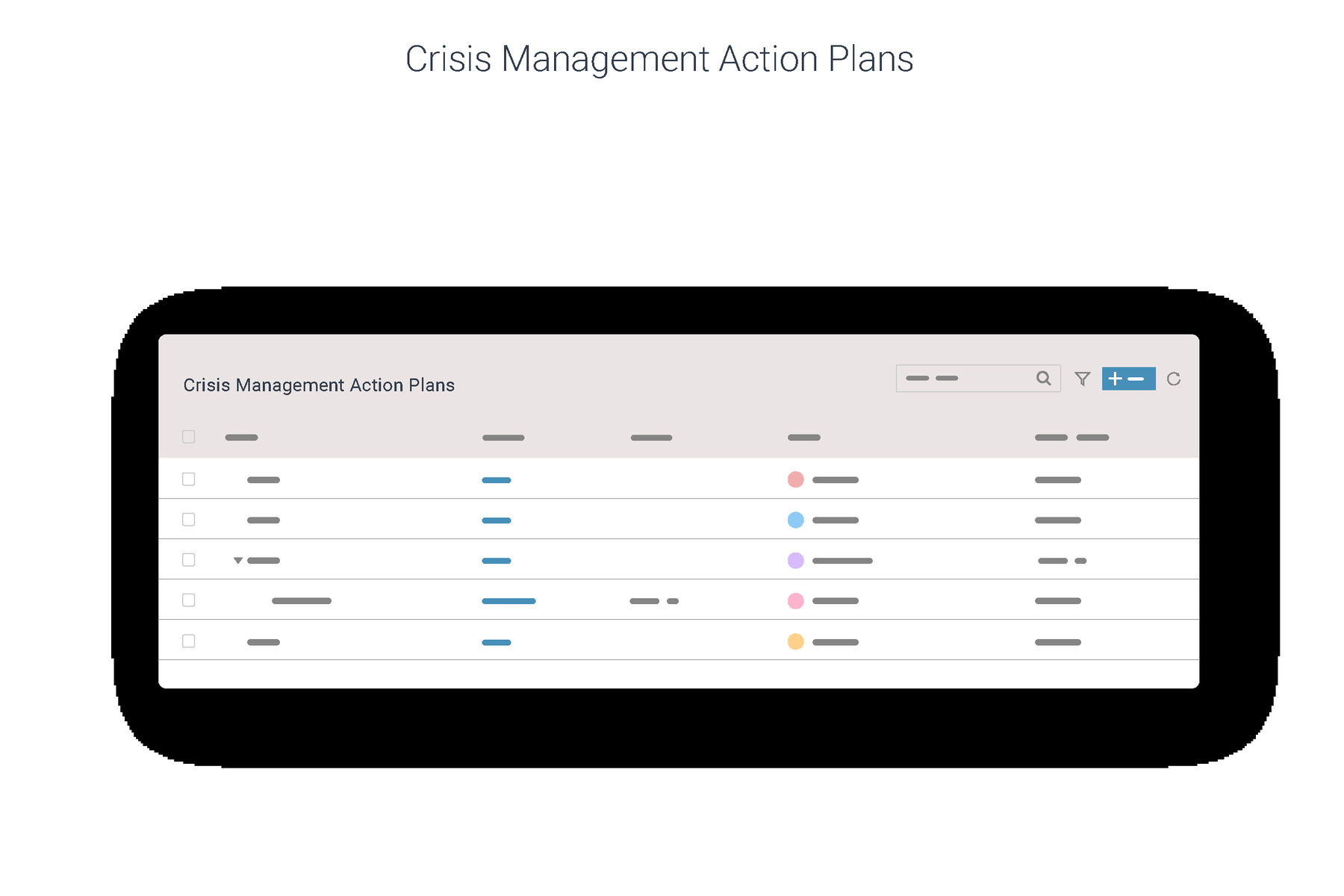 Illustrated crisis management action plans table with pastel category dots and add and remove controls.