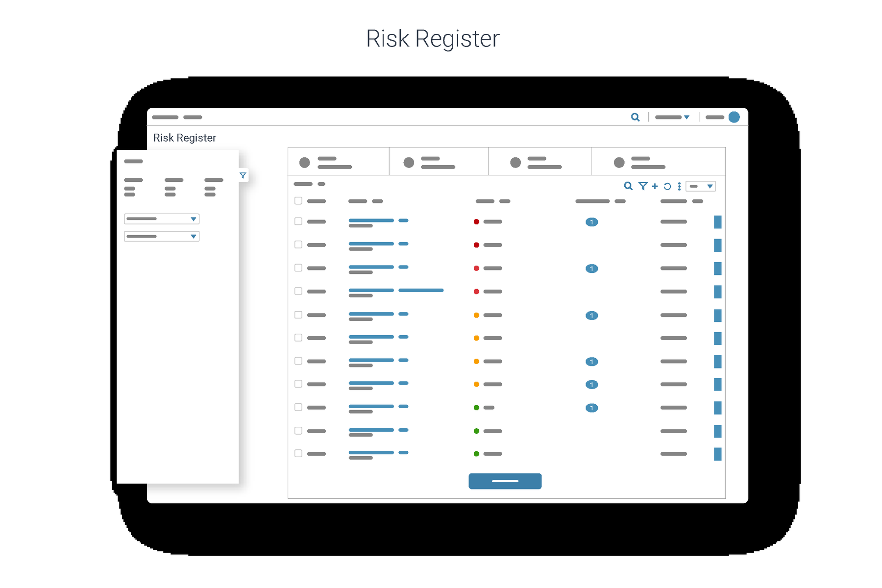 Illustrated risk register table with a floating filter panel and rows marked by red, amber and green severity dots.