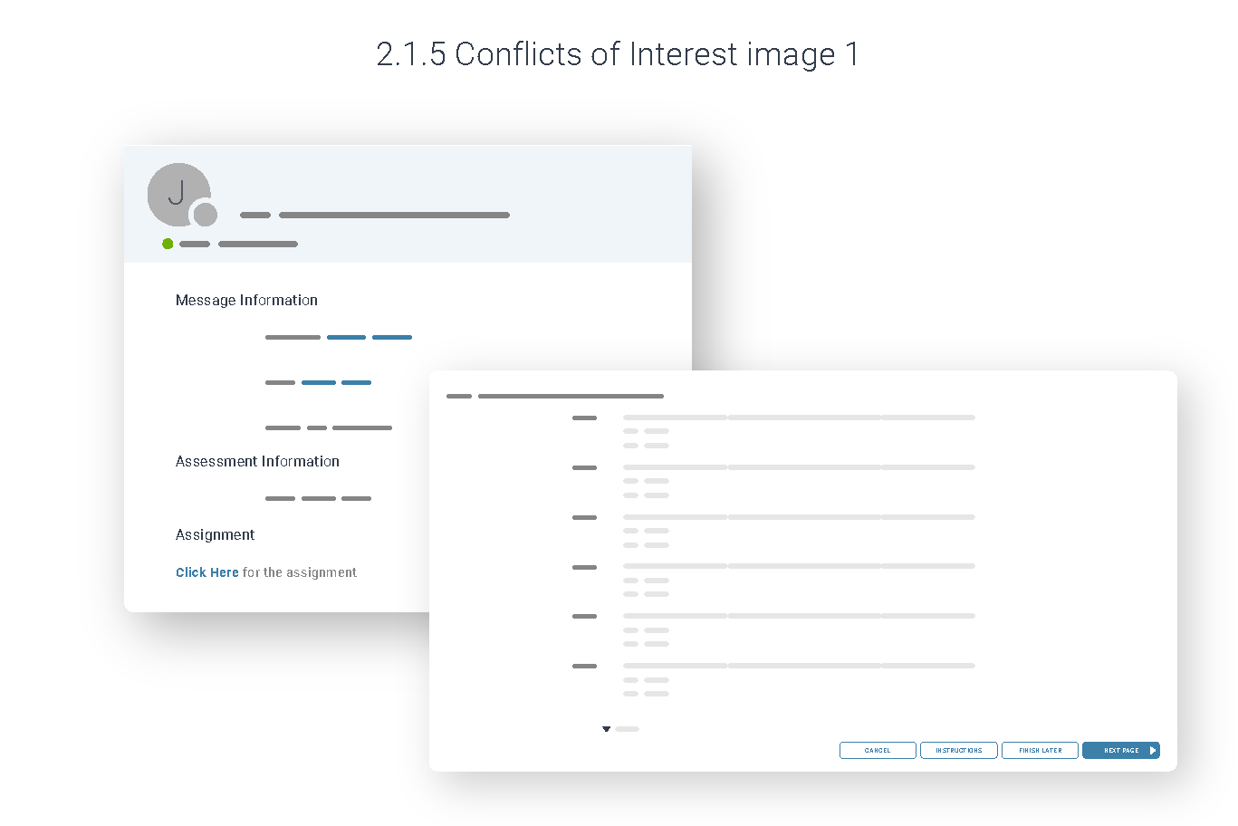 Illustrated disclosure screen with message and assessment information beside a floating multi-page questionnaire.