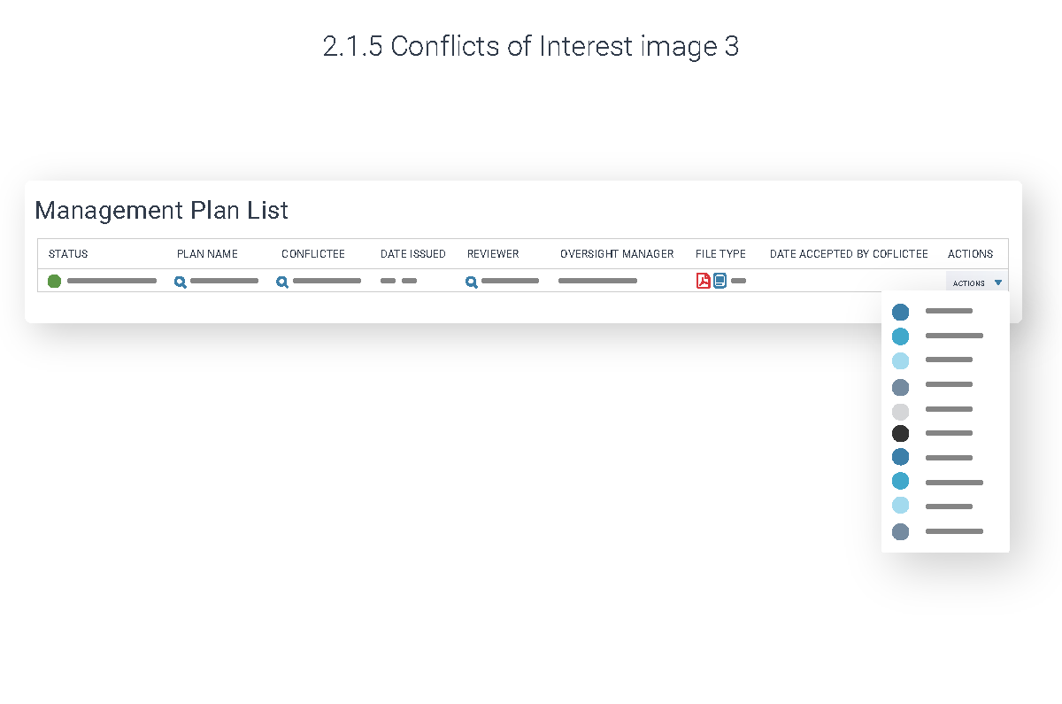 Illustrated management plan list with columns for plan name, reviewer, oversight manager and acceptance date.