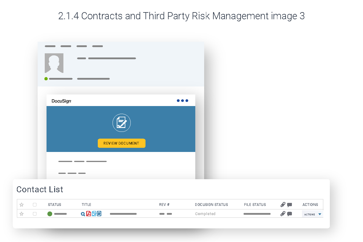 Illustrated DocuSign review-document email above a contact list row showing a completed signature status.