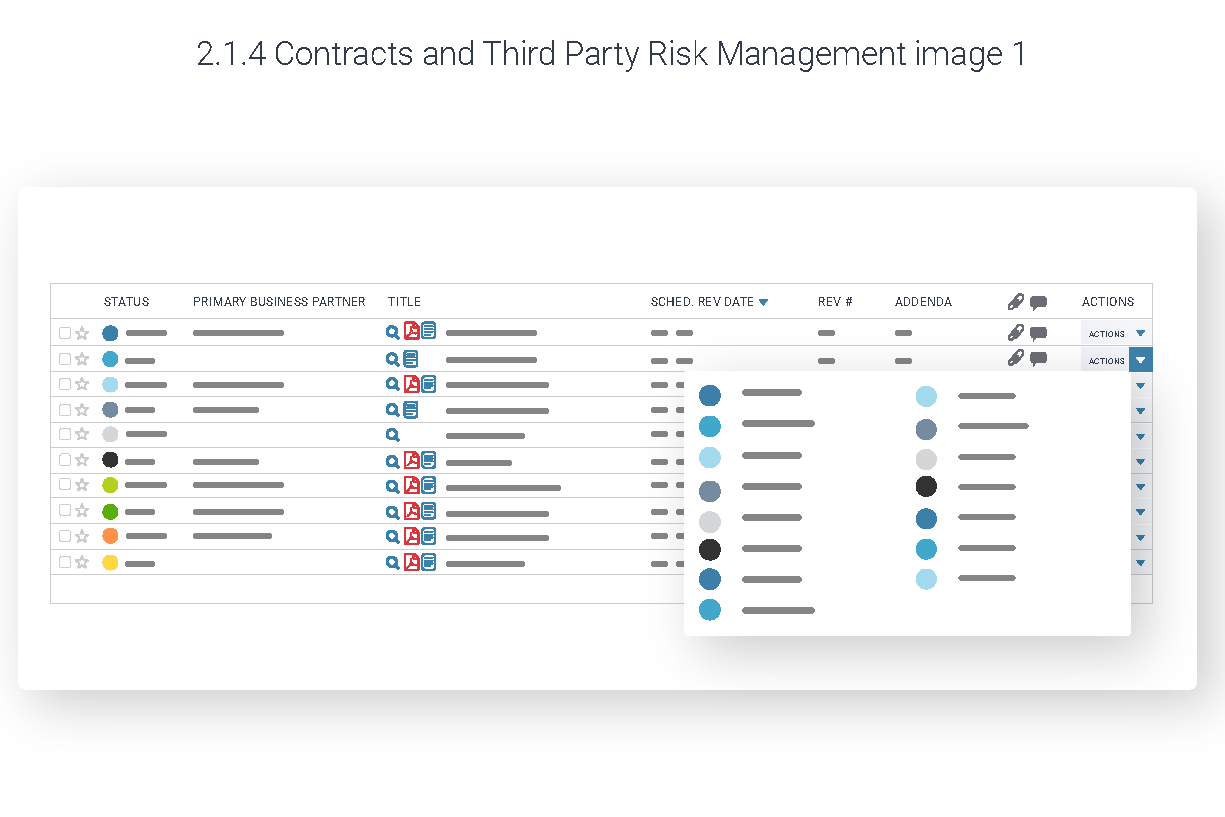 Illustrated contracts table with status dots, business partner column, revision dates and a large floating status legend.