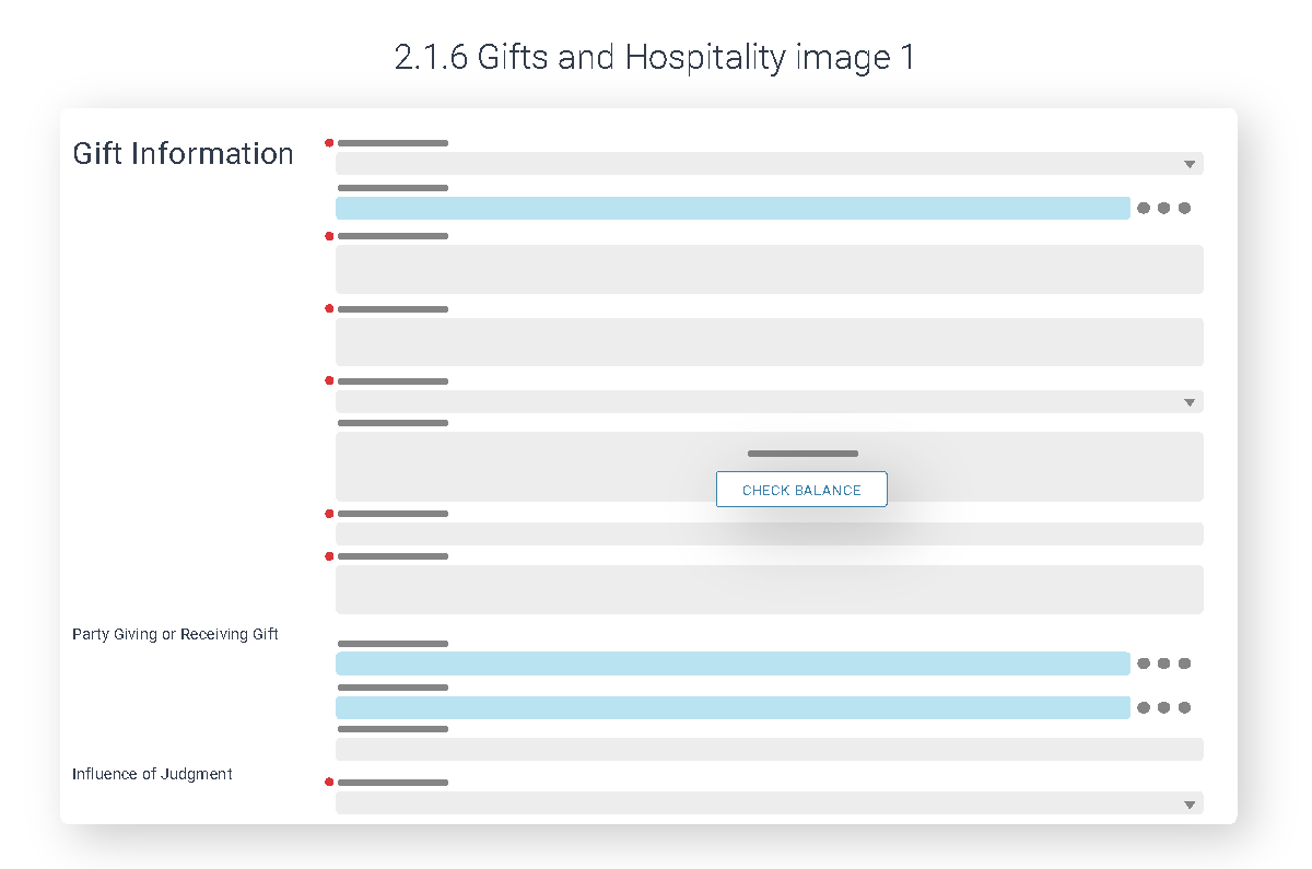 Illustrated gift declaration form with required-field markers, a check balance button and party giving or receiving fields.