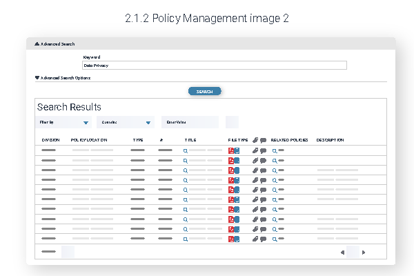 Illustrated advanced search screen with a keyword field reading Data Privacy above a table of search results.