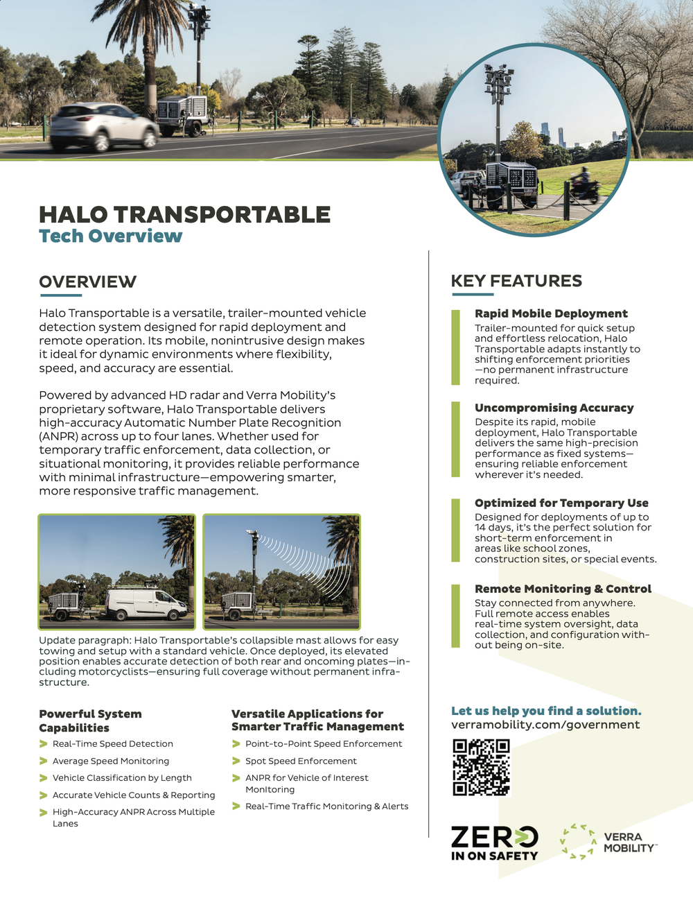 Halo Transportable tech overview sheet showing a trailer-mounted camera unit beside a road, an overview paragraph, two supporting photographs, capability lists and a key features column.