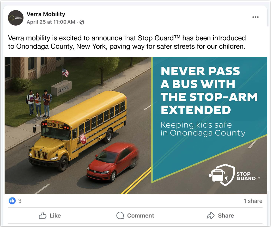 Facebook post mockup with the same Onondaga County caption, illustrated instead with an aerial rendering of a red car illegally passing a stopped school bus, and the message set in a teal panel with a diagonal edge.