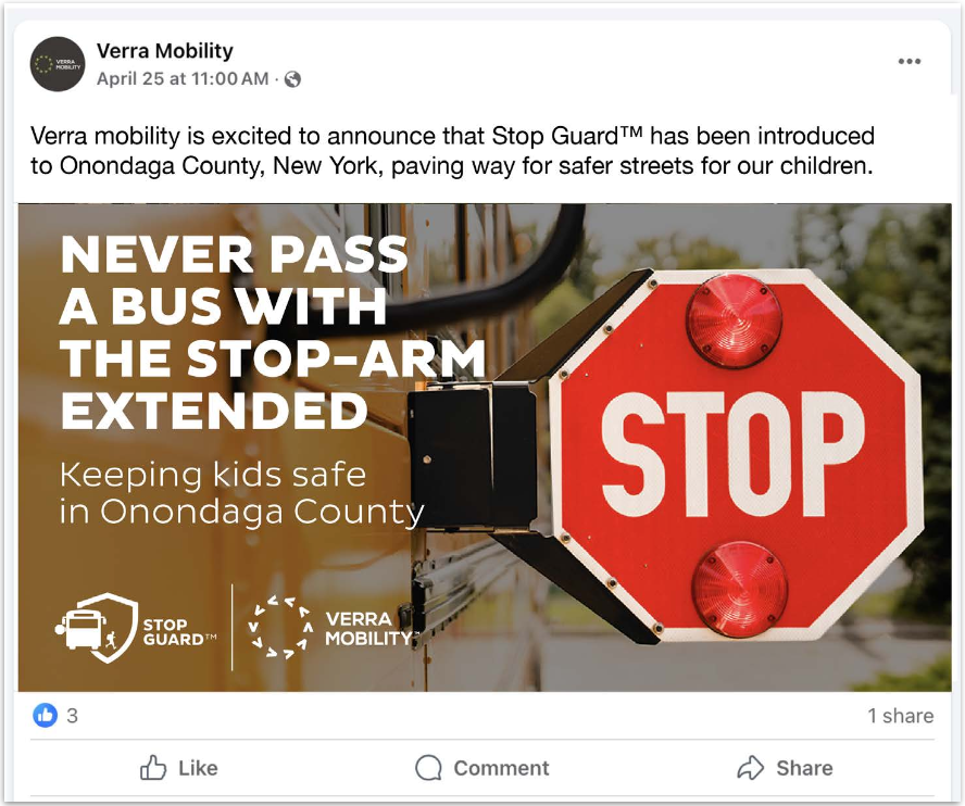 Facebook post mockup announcing Stop Guard in Onondaga County, with a close photograph of an extended school bus stop-arm and overlaid type reading never pass a bus with the stop-arm extended.