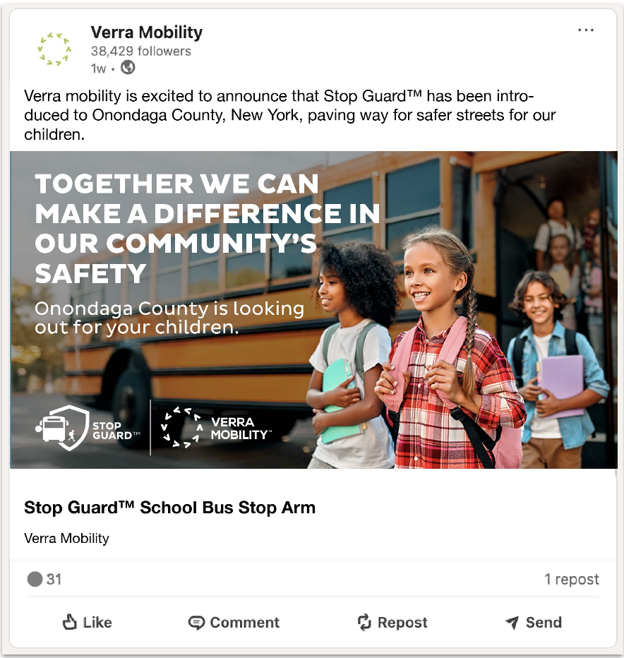 LinkedIn post mockup with a photograph of children stepping off a school bus and overlaid type reading together we can make a difference in our community's safety, Onondaga County is looking out for your children.