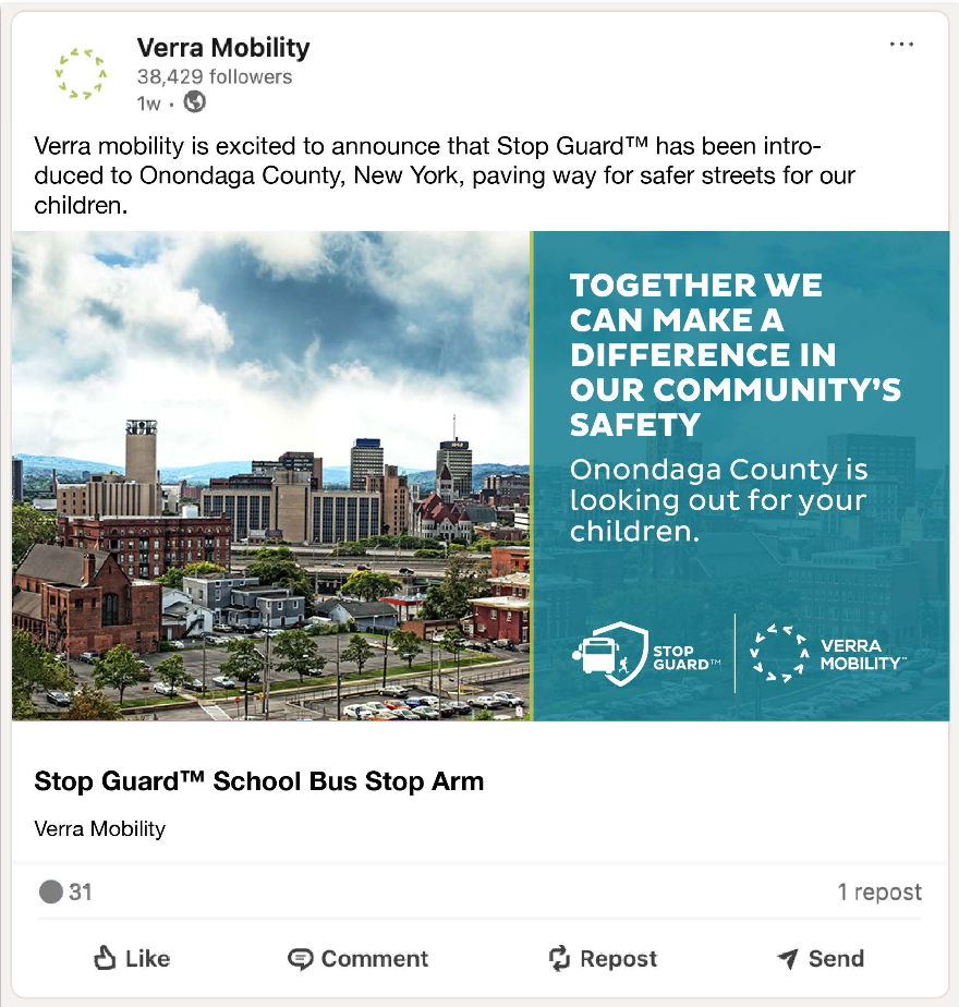 LinkedIn post mockup pairing an aerial photograph of the Syracuse skyline with the same community safety message set in a teal panel alongside it.