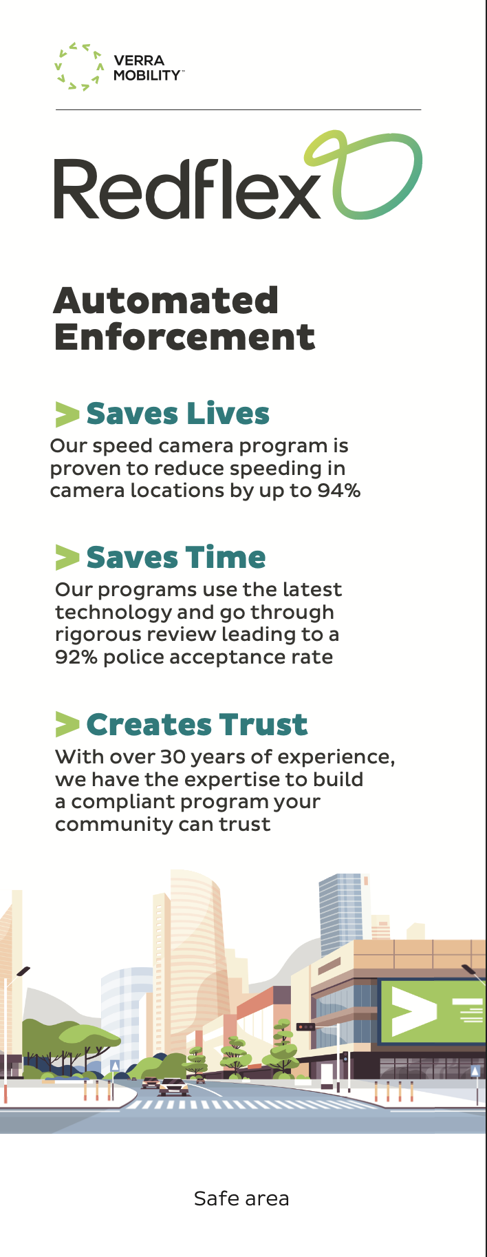 Tall retractable banner for Redflex automated enforcement, with three chevron-marked claims covering lives saved, time saved and trust created, each with a supporting percentage, above an illustrated streetscape.